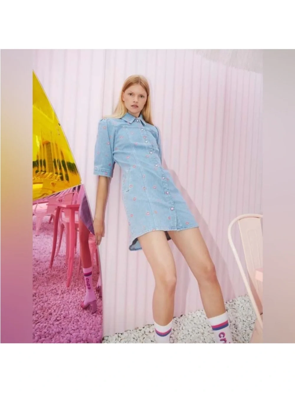 Crās Patti Denim Mini Dress Light Blue Pink Hearts  size XL 🩷 - Picture 5 of 15